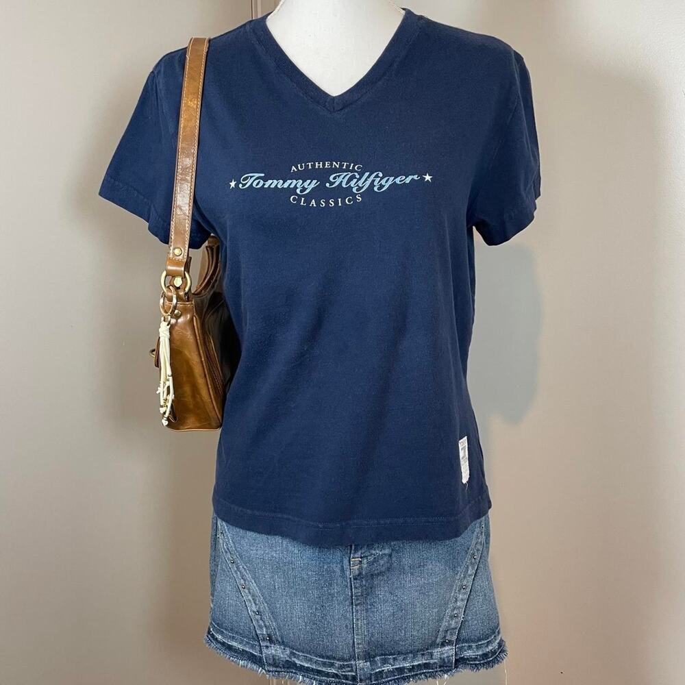 Vintage Navy Blue Tommy Hilfiger Logo Stars 100% Cotton Large V-neck Shirt
